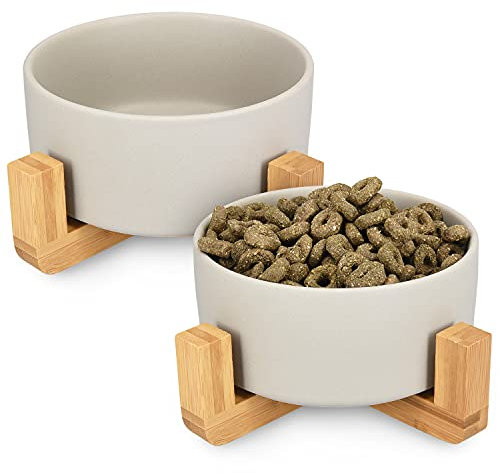 Navaris 2X Futternapf Katze mit Bambus Halter - Futterstation 2X Keramiknapf für Katzen Hunde - Keramik Fressnapf Set Futterbar mit Holz Halterung