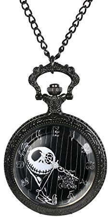 JewelryWe Halloween Taschenuhr Herren mit Schädel Skull Skelett aus The Nightmare Before Christmas, Quarz Analog Uhr mit Kette Halskette Geschenk