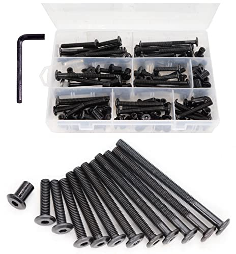 cSeao 114Pcs M6 Black Flat Head Allen Bolt Joint Connecting Bolts Socket Cap Screws Cap Nuts Kit for Furniture Chairs Bed Crib,14 Sizes from 15mm to 80mm