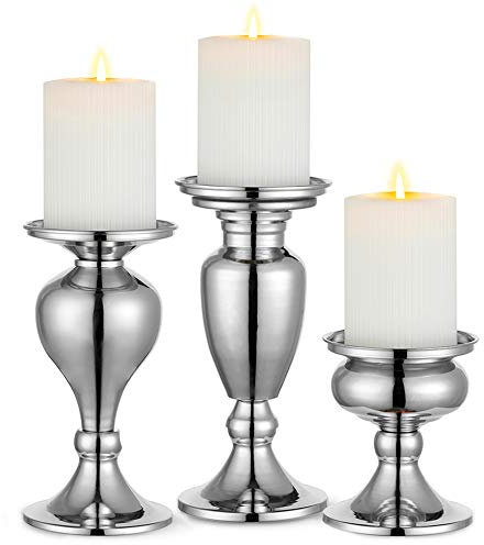 Sziqiqi 3er Set Kerzenleuchter Kerzenständer Schwarz Vintage Kerzenhalter Windlichthalter aus Metall Kerzenhalter für Stumpenkerzen, Kerzenständer Dekoration für Hochzeit Party, Silber