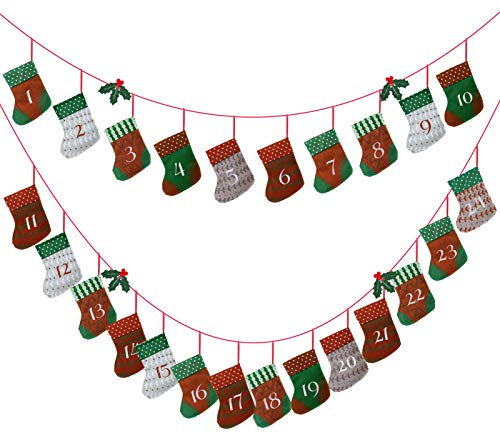 Kesote Advent Calendar Christmas Stockings 2025 Fillable Xmas Stocking DIY Christmas Bags Xmas Countdown Calendar Fireplace Ornament, Set of 24