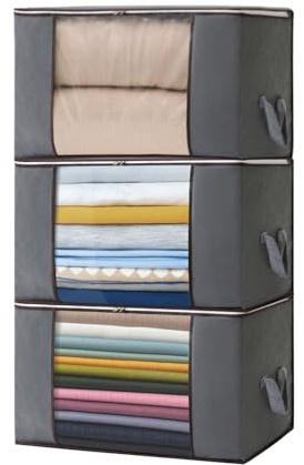 Boic 3 pezzi Scatole per Armadio 90L, Contenitori Salvaspazio per Vestiti, Grande Capacità, Organizer Pieghevole per Indumenti, Scatola Trasloco, Buste Pieghevole per Indumenti, Coperte, Grigio