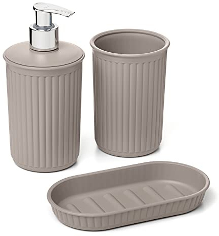 Tatay Set de 3pcs Sobremesa de Baño (Vaso + Dosificador + Jabonera) Baobab, de Plástico, Libre de BPA, Taupe, 6391003