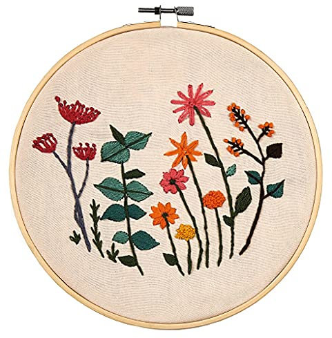 moses. Blatt & Blüte DIY Stickrahmen-Set, Stickerei-Set für Anfänger inkl. Stickrahmen, 1 Leinentuch, 9 Garnfarben, 2 Nadeln, 1 Einfädelhilfe und 1 Anleitung, 87154, Mehrfarbig, Ø 20 cm