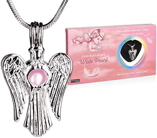 BRUBAKER Cuenta de Deseos del Ángel de la Guarda Guardian Angel - Collar con Colgante de Ángel de Plata + Concha con Perla Real como Set de Regalo de Joyería - Perla de los Deseos