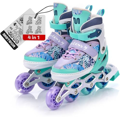 meteor® Inline Skates 4 en 1 pour Enfants Jeunes Adultes - Idéal pour Garçons et Filles - Taille Réglable (M, Violet)