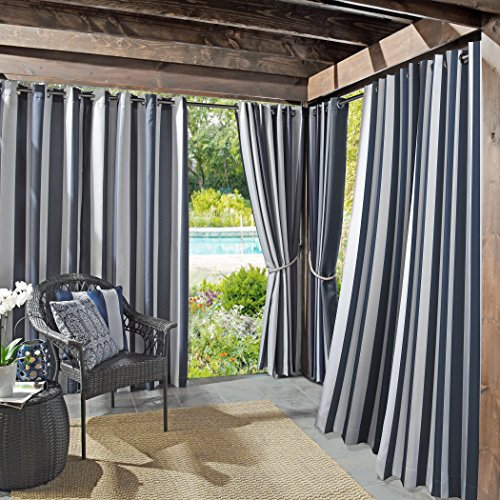 Sun Zero Valencia 2-Pack Cabana Stripe Indoor/Outdoor UV Protectant Energy Efficient Grommet Curtain Panel Pair, 54 x 84, Indigo