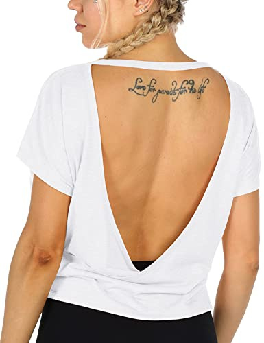 icyzone Camisetas de Entrenamiento de Espalda Abierta para Mujer, Camisetas atléticas de Manga Corta, Camisetas de Yoga sin Espalda, Camisas de Gimnasio