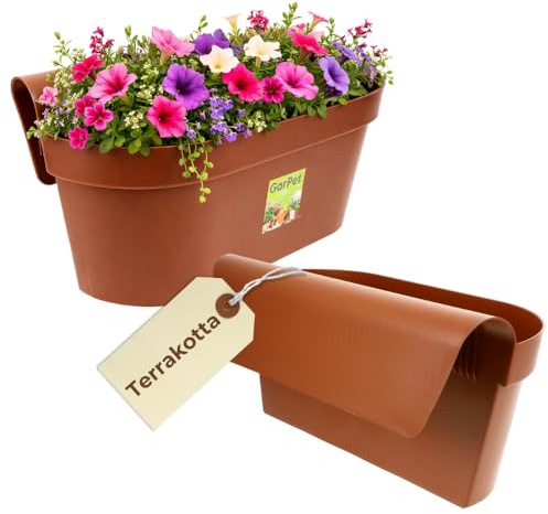 GarPet Geländerkasten Balkon mit Wasserspeicher Blumentopf Zaun Blumenkasten Geländer Balkontopf Terracotta Balkonkasten Blumenkasten Balkongeländer Balkon Pflanzkasten