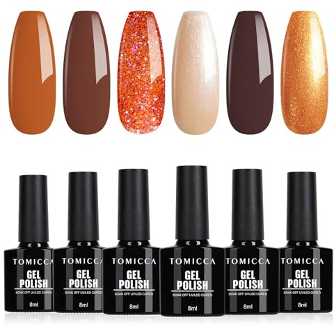 TOMICCA 6 färger UV-nagellack Höstfärger Brun Glitter Set Gel Nagellack Blötlägg UV/LED Gåva Giftfri och Långvarig För Starter Nail Art Salon DIY Home, 8ml