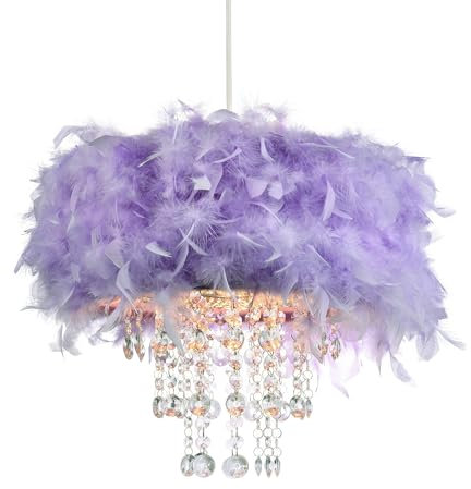Contemporary Designer Soft Lilac Real Feather Chandelier Pendant Light Shade with Transparent Hanging Acrylic Droplets | 32cm Diameter by Happy Homewares