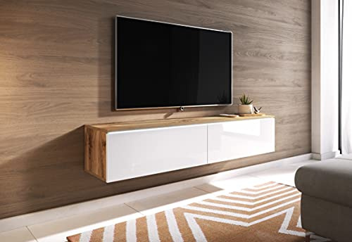 MINIO go for it - TV Schrank Donna Breite 140 cm Lowboard mit LED | Stehend oder Hängend, Fernsehschrank für das Wohnzimmer, Moderner Stil, Wotan Eiche / Weiss Hochglanz