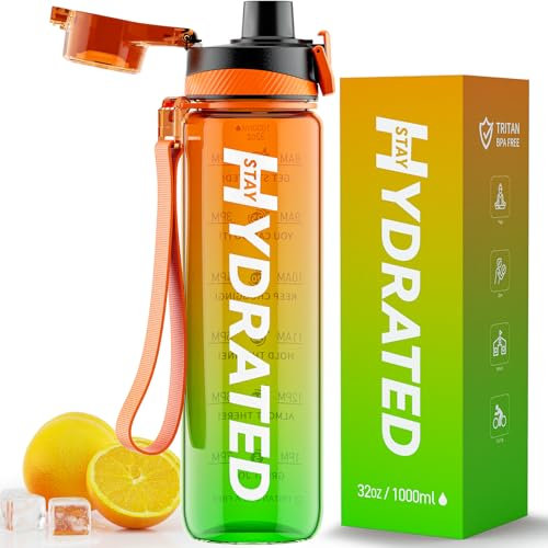 Mevoly Trinkflasche 1L, Wasserflasche BPA-Frei aus Tritan, 1 Liter Trinkflasche Sport Auslaufsicher mit Zeitmarkierung, Sportflasche für Fitnesss, Oudoor, Gym, Schule