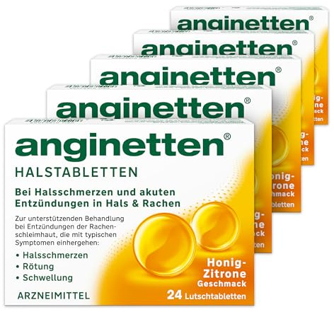 anginetten Halstabletten zuckerfrei | Honig-Zitrone | 5 x 24 Stk | Zur unterstützenden Behandlung bei Entzündungen der Rachenschleimhaut, desinfiziert Mund & Rachen, ab 6 Jahren