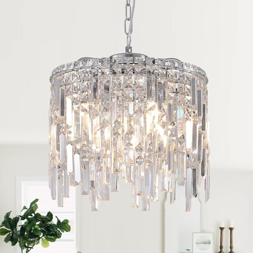 Chrome Crystal Chandelier Small Crystal Pendant Light Fixture 16 Raindrop Flush Mount Hanging Chandelier with Adjustable Chain K9 Crystals 2 Tiers for Kitchen Island Dining Room Bedroom Hallway
