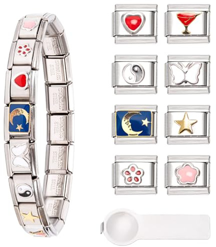 Italian Charms Bracelet, 8 zusätzlich Italian Charms mit Öffnungswerkzeugen,9mm Abnehmbar Module für Italienische Armbänder, Edelstahl Italian Charm Bracelet Charms, Italian Style Charms für Damen