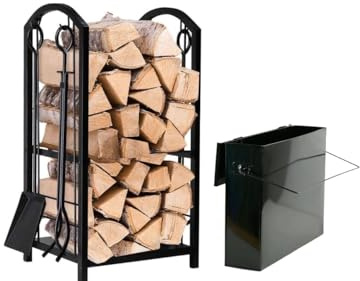 Trendi Fireplace Log Rack 16 x 29.2 x 12inch with 4 Fireplace Tools + Black Ash Tidy Box | Indoor Wood Stove Outdoor Fireplace Heavy Duty Wood Stacking Wood Storage Kit for Fireplace Tool
