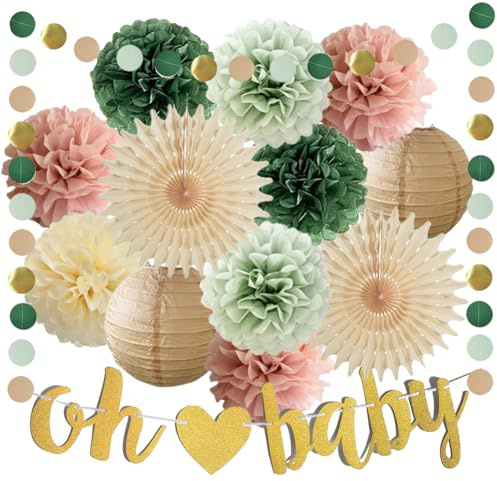 Babyparty Deko Salbeigrün Rosa Baby Shower Deko Mädchen Oh Baby Girlande Salbeigrün Rosa Beige Seidenpapier Pom Poms Gender Reveal Neutral Babyparty Dekoration