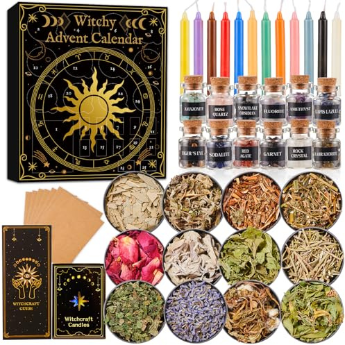 25 day Witchy Advent Calendar 2024 for Adult Teens, Christmas Countdown Calendar with Healing Crystal Natural Gemstone and Witchcraft Accessories for Women