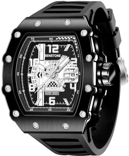 senstone Tonneau-Design, analog, einzigartig, Sport-Quarz-Armbanduhr für Herren, mit leuchtendem Datumskalender, Gummiband, Silikonband, Schwarz, Sportlich