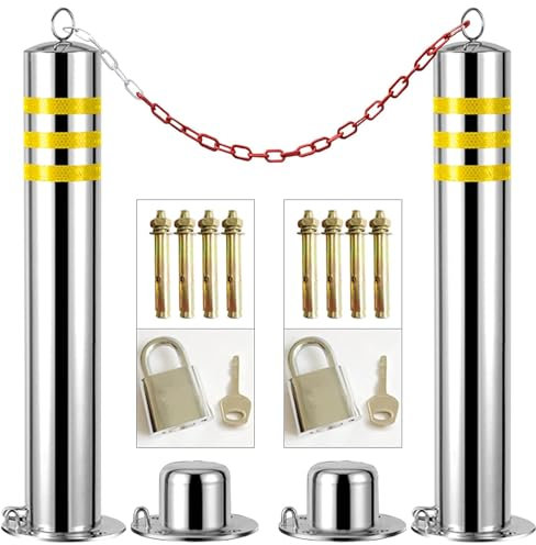 CVNIMV Sicherheitspoller für Autoparkplätze, 2er-Pack, Auffahrtpoller aus Edelstahl mit Vorhängeschloss und 5 m Langer Kette für Parkplätze, Verkehrskontrolle
