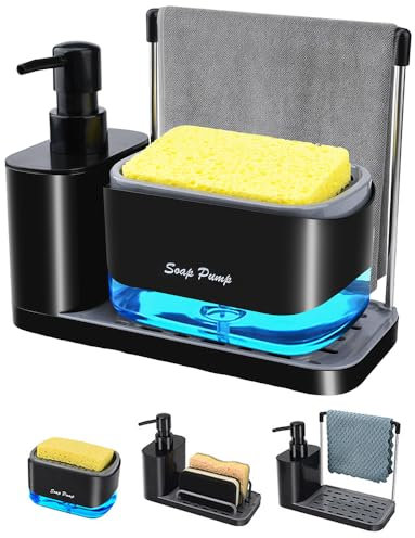 KIMIGO Dispenser Sapone Cucina 2 in 1,Dosatore Sapone e Organizzatore per Lavello con vassoio antiscivolo,supporto per strofinacci,porta spugna e dispenser,ideale per lavare le mani e i piatti