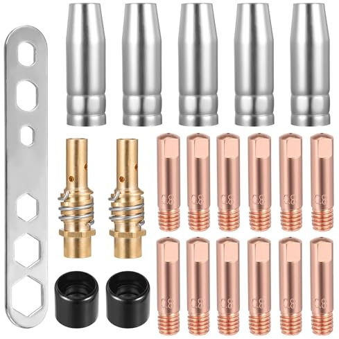22 Stück Verschleißteile Set, MIG/MAG Schweißzubehör für MB15AK Zubehör | Schutzgasschweißgerät Zubehör, 12 Stromdüse M6 0,8mm, 5 Schweißdüsen, 2 Düsenstock, 2 Isolator, für MIG MAG Schweißbrenner