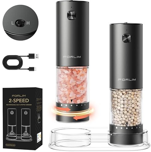 FORLIM Rechargeable Electric Salt and Pepper Grinder Set, Automatic with 2-Speed & 6 Adjustable Coarseness Levels, One-Handed Operation, Aluminum Alloy, USB Charging, Storage Base – for Home & Kitchen