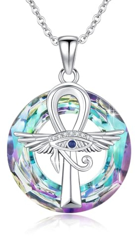 ABIGY Ankh Kette Auge des Horus Anhänger Halskette 925 Sterling Silber Ägyptisches Kreuz Anhänger mit Kristall Engel Flügel Kreuz Schutz Halskette Ägypten Schmuck Geschenk für Damen Mutter