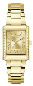 Guess Damen Armbanduhr Bonnie mit Zirkonia, goldfarbenes Edelstahlarmband, Mineral Glas, goldenes Ziffernblatt, 3 Bar, Gehäusedurchmesser: 27x35 mm, GW0874L4