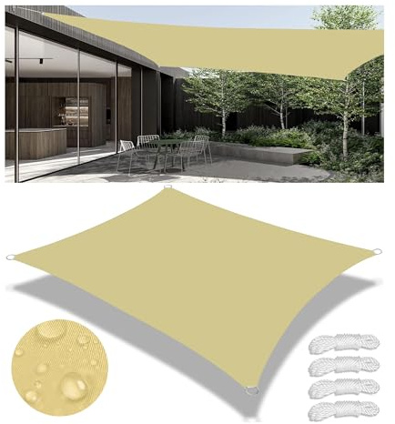 Tenda a Vela Ombreggiante Impermeabile Rettangolare Protezione Raggi UV 98% Tenda da Sole Poliestere Antistrappo Con 4 Corde Fisse per Giardino Balcone Piscinae Terrazza Sabbia 2x3M