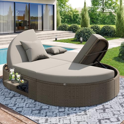 Arhatreya Rattan dubbel soffa, utomhus dagsäng, trädgårdsfåtölj med sidohylla, solstol, dubbel solstol, 2 personer, fällbord, trädgård, relaxstol, dubbel bädd, individuell justerbar vinkel
