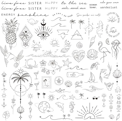 BETESSIN 3 Bögen Temporäre Tattoos 2 Wochen - Fake Tattoos mit 80+ Meer, Welle, Strand Motiven - Klebetattoos Erwachsene - Wasserfeste Tattoo zum Aufkleben für Sommerparty, Strandparty uvm.