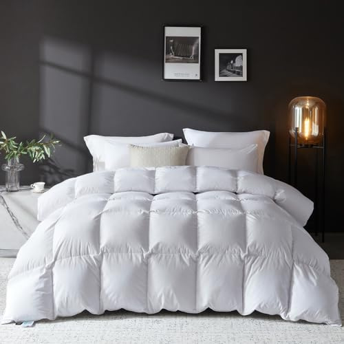 L LOVSOUL Goose Feather Down Fiber Comforter Full Size, 100% Organic Cotton Fabric Duvet Insert,1200TC,750+Fill Power, Hotel Collection, All Season White Bedding Comforters with 8 Tabs