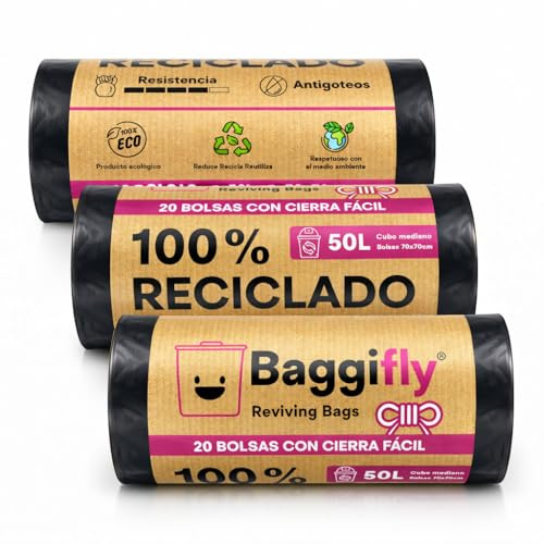 Baggifly, 50L Müllbeutel, 60 Stück Super Reißfest, 100 % Recycelt, Mit Zugband, Öko-Freundlich, Für Haushalt, Büro & Gastronomie, 3 x 20 Beutel, Aus lokaler Produktion