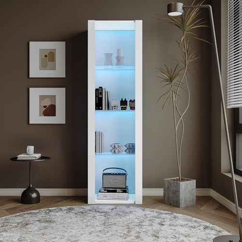 Doyisy Weiße Hochglanz-Vitrine mit LED-Beleuchtung, 3 Glasböden, 55 * 38 * 166 cm, Vitrinen, Standvitrinen, Hochschränke, Lagerschränke