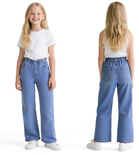 Baogaier Jeans för flickor, baggy lös passform mjuka byxor med stretch med lång midja denim flickor casual breda ben blå denimbyxor mångsidiga streetwear för flickor 6–14 år, Ren blå, 7-8 �r