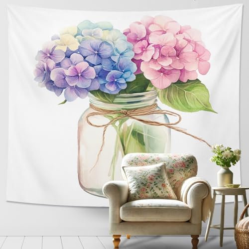 Arazzo con fiori di ortensia blu viola pesca, decorativo da parete per primavera estate, decorazione per la casa bohémien per soggiorno, camera da letto, dormitorio, arazzi artistici estetici, 152 x