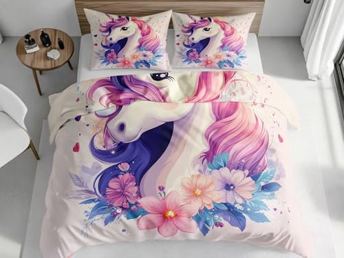 Bettwäsche 200x200cm Cartoon-Einhorn Bettbezüge Microfaser Bettwäsche Weich Flauschige Deckenbezug mit Kissenbezug 80x80cm für Allergiker Geeignet, Lila