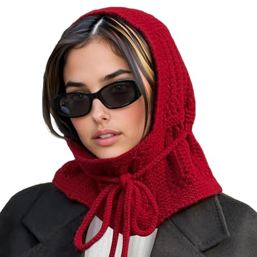 ACUSHLA 100% Merino Wool Fashion Balaclava for Women Soft Warm Light Hooded Scarf Knitted Hat and Scarf in One Neck Warmer Head Wear, Red
