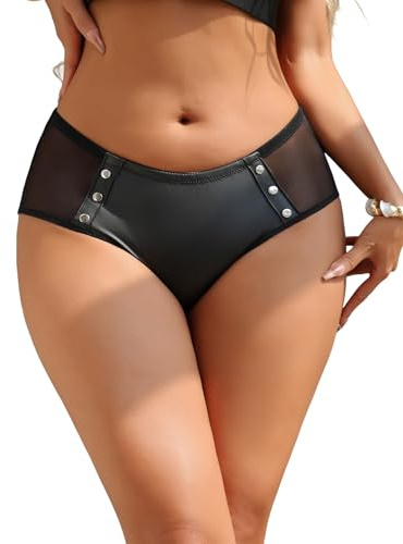 sunshinelady Plus Size Brazilian Knickers for Women Faux Leather Underwear Women Sheer Mesh Sexy Panties Leather Micro Shorts Punk Rivet Black Sexy Knickers Clubwear UK XL