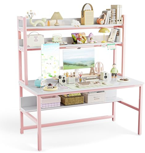 Aquzee Schreibtisch mit Regal, 140 cm Großer Schreibtisch Holz, Tisch Mädche mit Hoher Aufsatzregal, Platzsparend Schreibtische Bücherregal Kombi, Homeoffice Computertisch für Lernen und Arbeit, Rosa
