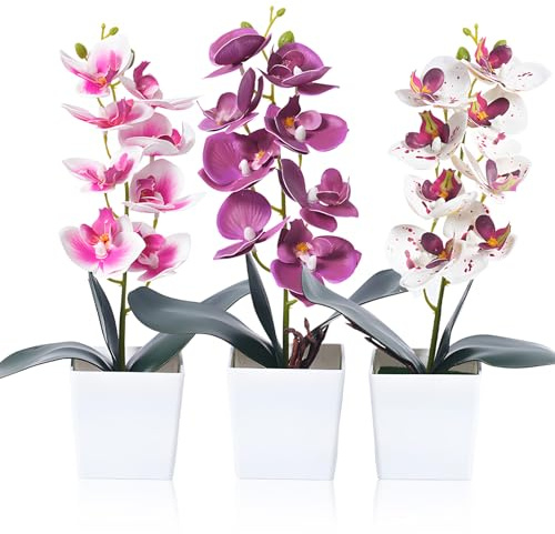 3 Orchideen künstlich - 30cm Kunstblumen & -Pflanzen, Phalaenopsis Kunstpflanze, Blumen im Topf, Kunstblumen wie echt, Weiß Rosa Blumen Dekoblume Kunstpflanze für Wohnzimmer Büro Dekoration (Rot)