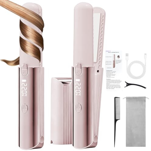 CHIKYO Cordless 2 in 1 Hair Straightener Portable On-The-Go Curling Iron, Portable Power Bank, 7 Temps, LED Display, Rechargeable Mini Flat Iron for Travel, 5000mAh Battery, Pink