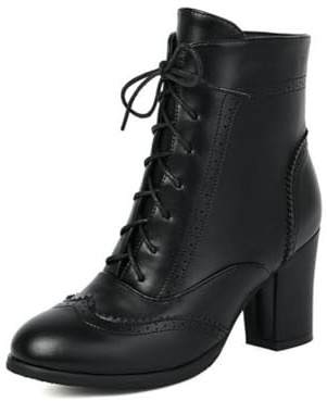 Generico Stivaletti Donna con Lacci Stile Vintage, Tacco Grosso, Punta Tonda e Dettagli Brogue,Nero,36 EU