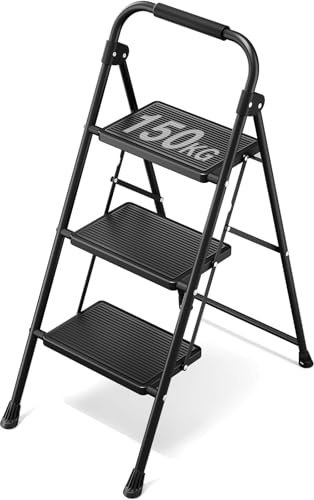 KINGRACK 3 Step Ladder, Folding Ladder with Non-Slip and Wide Pedal, Small Ladder with Handle, Sturdy Steel Step Stool, Lightweight and Portable Step Ladder, Black | Wide Anti-Slip Pedal, Fodable Step Ladder for Household Office, Heavy Duty,Black
