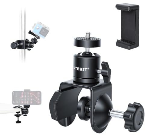 UTEBIT - Pinza en C de 40 mm con Soporte para teléfono y rótula de 360°, sujeción en U Reforzada de Aluminio con Rosca de 1/4 Pulgadas, para cámara, cámara Webcam, Flash, teléfono