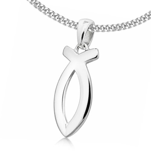 CLEVER SCHMUCK Collier pour femme avec pendentif Ichtys simple 17 mm symbole Jésus poisson et chaîne gourmette 42 cm en argent sterling 925 dans une boîte cadeau pliante