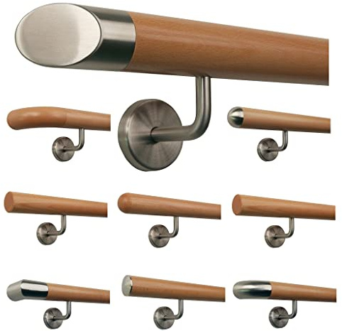 TIBU Pasamanos de haya, mango de madera para escalera, soporte de acero inoxidable, longitud 30 – 500 cm, variante: 120 cm con 2 soportes, pieza final inclinada
