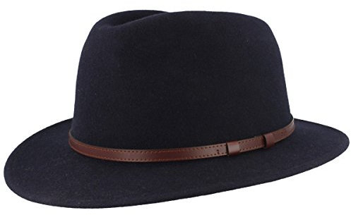 Breiter Outdoor Filz-Hut Aus 100% Wolle - Trekking Traveller Hut Wasserabweisend & Faltbar - Mit Ledergarnitur - Marine-Blau